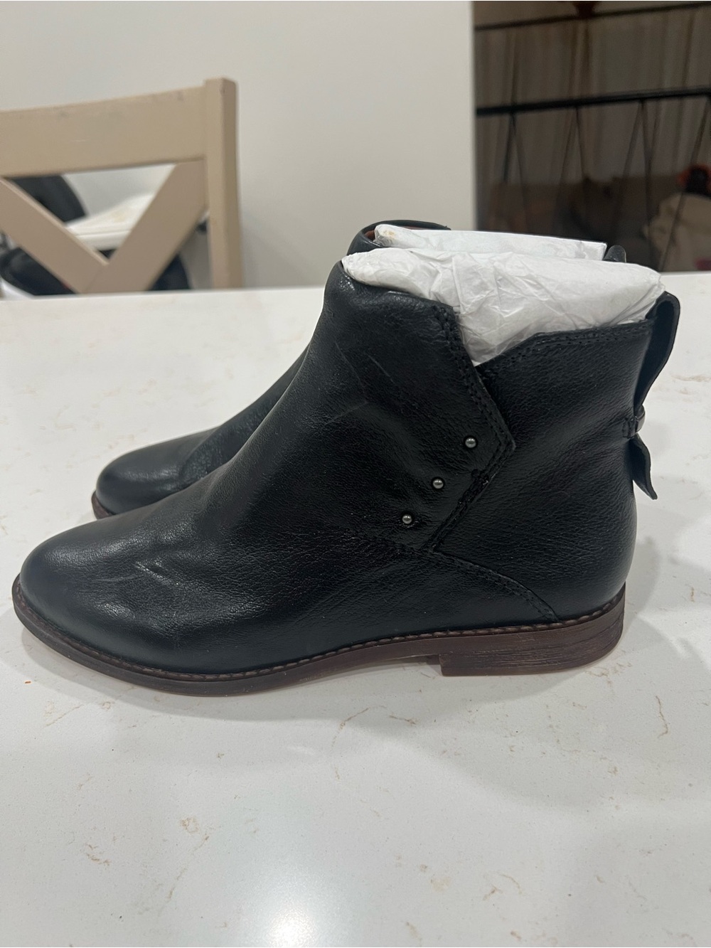 Franco Sarto Black Leather Ankle Boot with Tan Rubber Sole